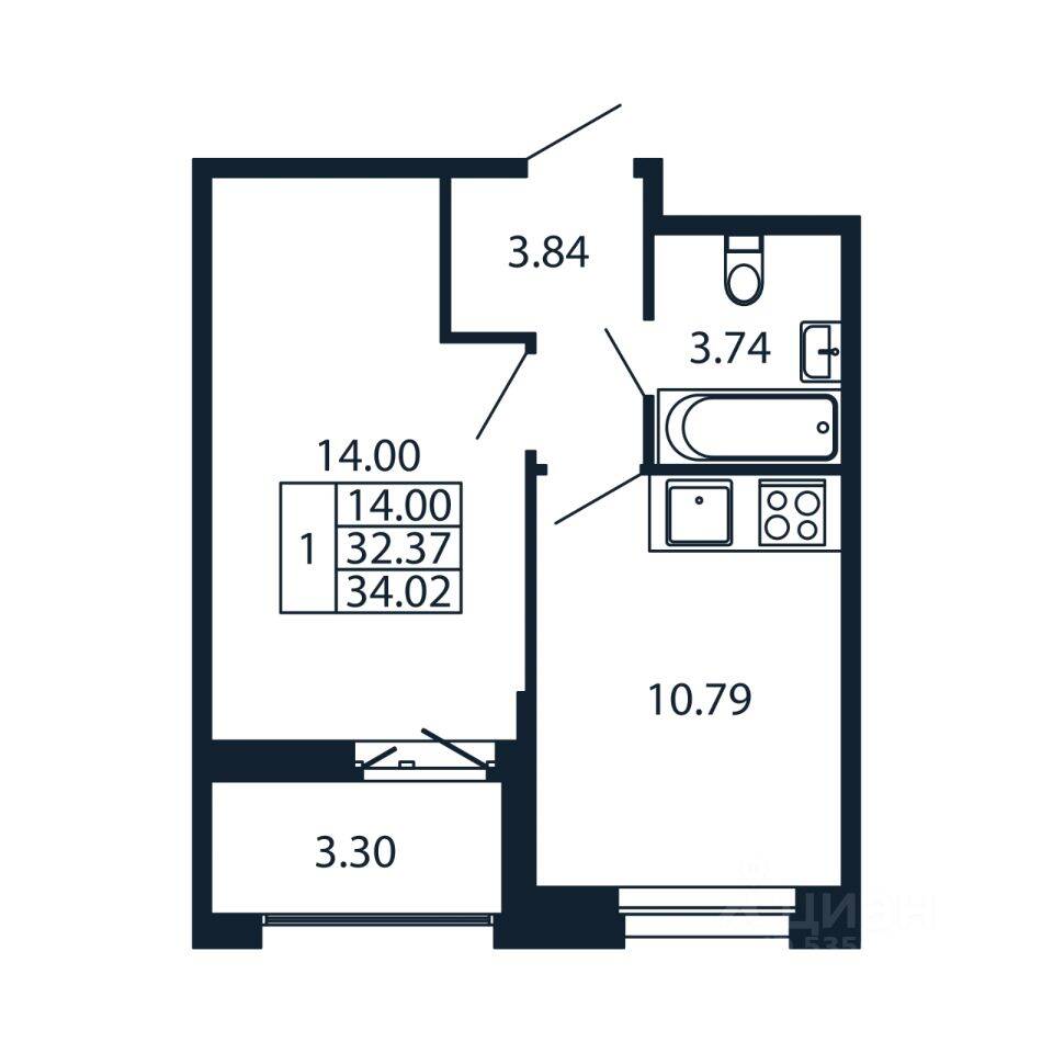 1-комн. квартира, 33,35 м², в ЖК Полис Новоселье
