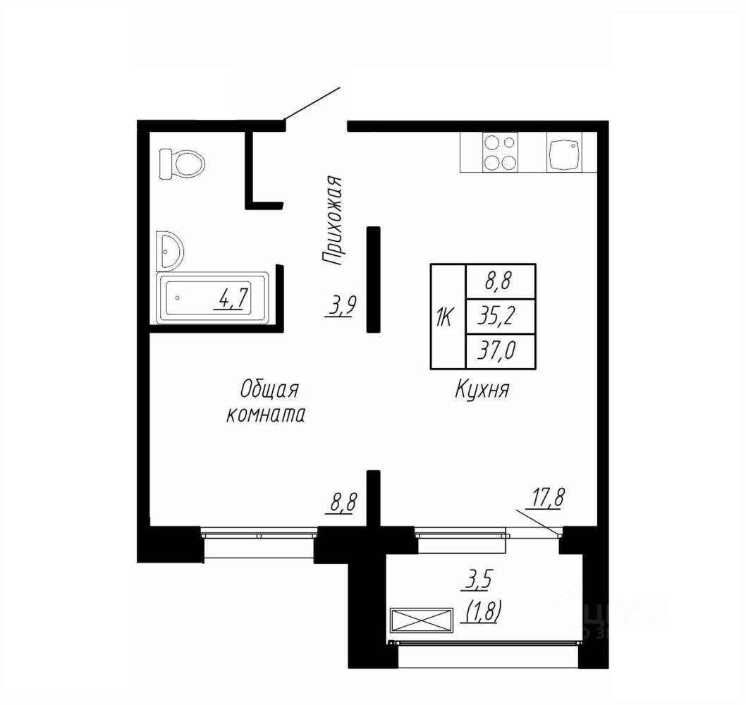 Планировка 1 комнатной квартиры, 37 м², в «Сибирь»