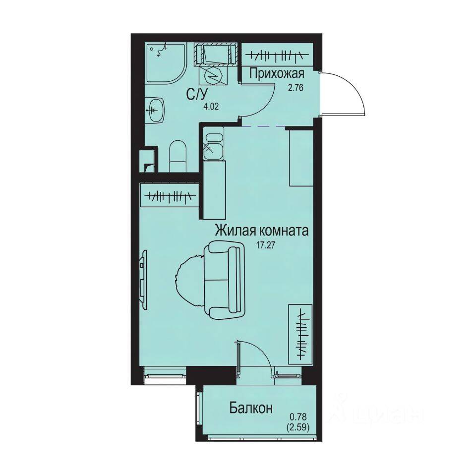 Квартира-студия, 24,83 м², в ЖК ID Kudrovo II