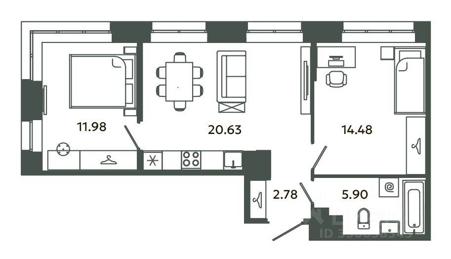 2-комн. квартира, 55,77 м², в ЖК Загляденье