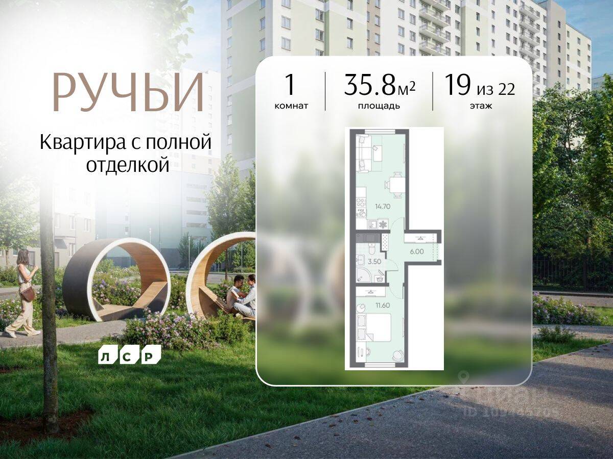 1-комн. квартира, 35,8 м², в ЖК «Ручьи»