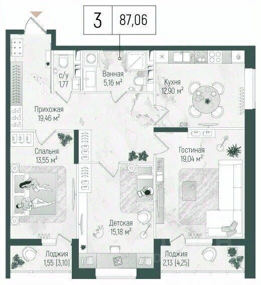 3-комн. квартира, 89,1 м², в ЖК Riga Hills
