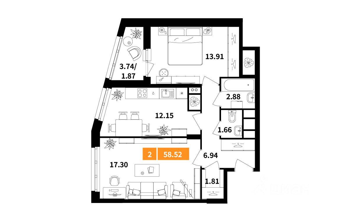 2-комн. квартира, 58,52 м², в ЖК Планерный квартал