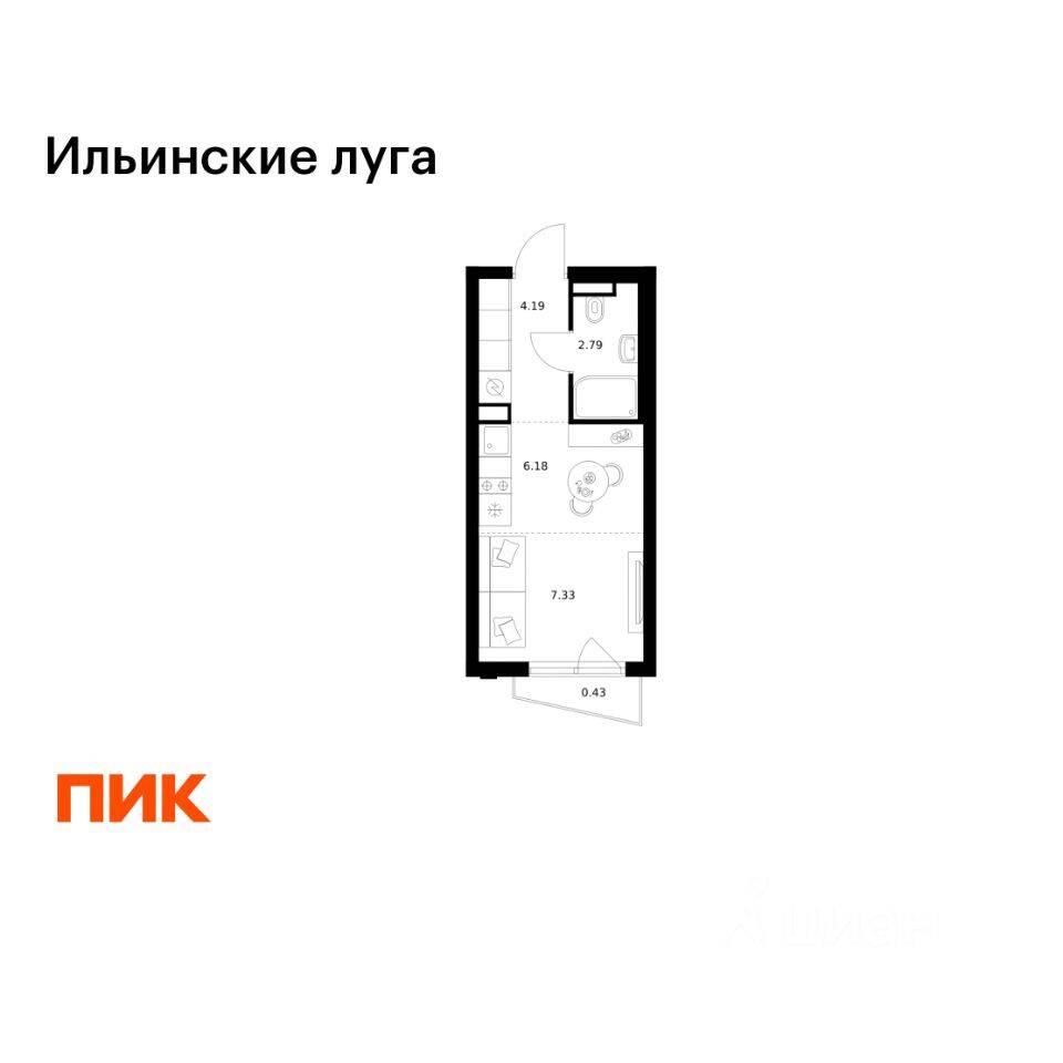 Планировка 1 комнатной квартиры, 20.92 м², в «Ильинские луга»