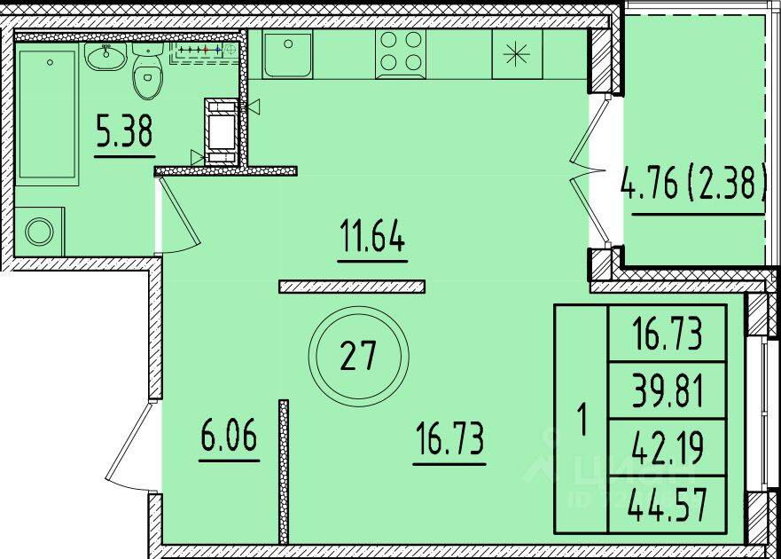 1-комн. квартира, 39,81 м², в Малоэтажный ЖК Образцовый квартал 17