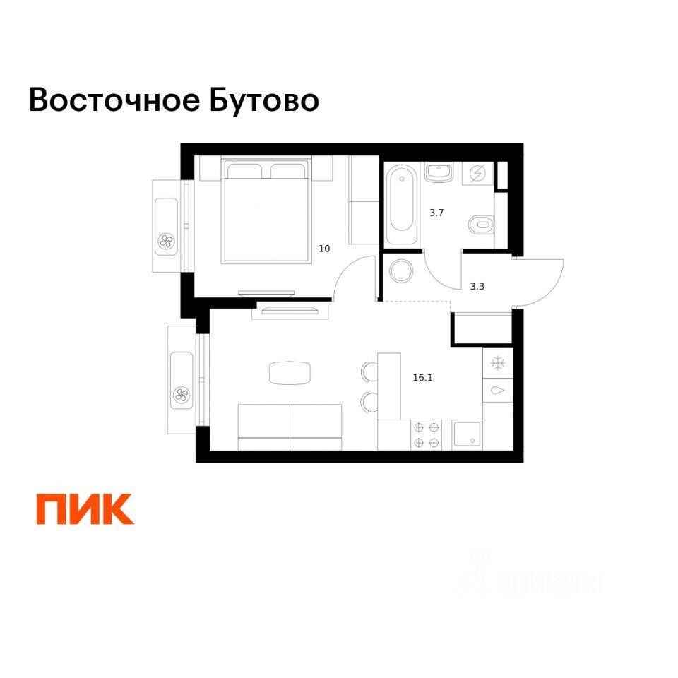 1-комн. квартира, 33,1 м², в ЖК «Восточное Бутово»