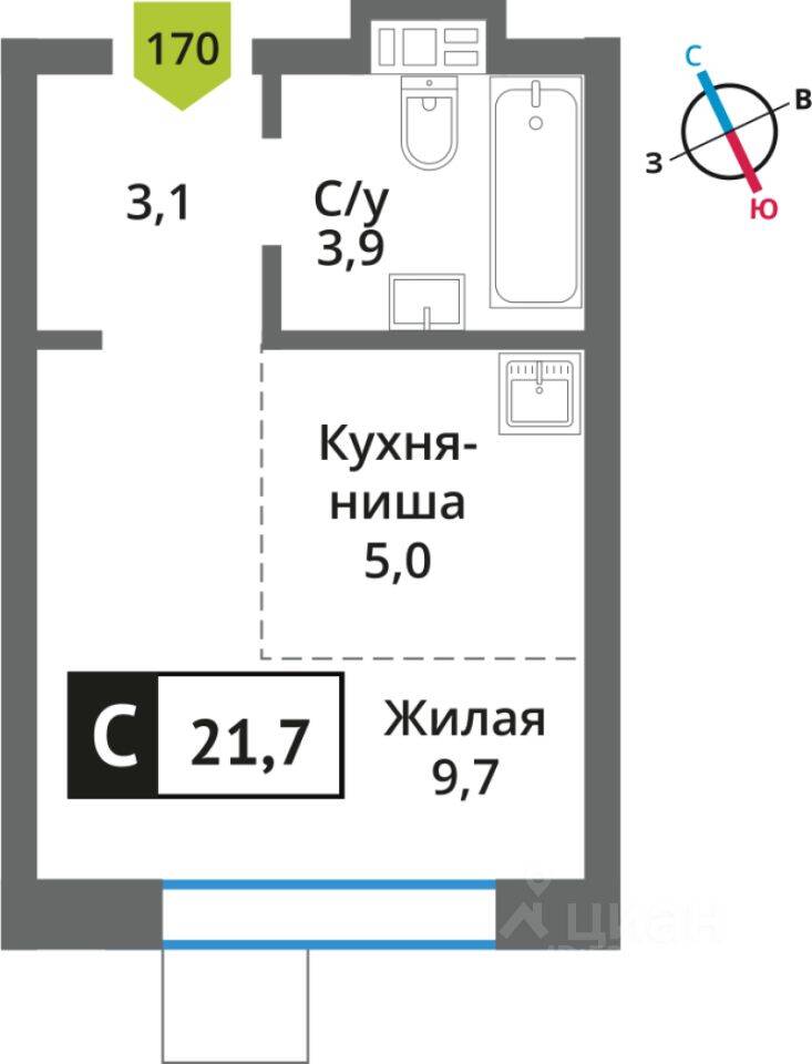 Планировка 1 комнатной квартиры, 21.7 м², в «Никольский квартал Отрада»