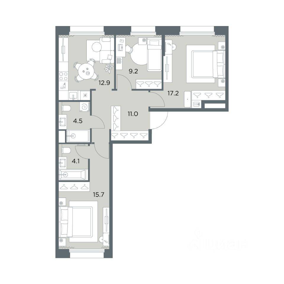 3-комн. квартира, 74,6 м², в ЖК «Станиславский»