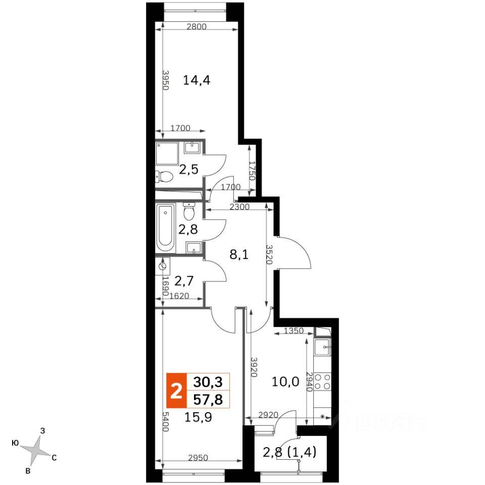 2-комн. квартира, 57,8 м², в ЖК Sky Garden