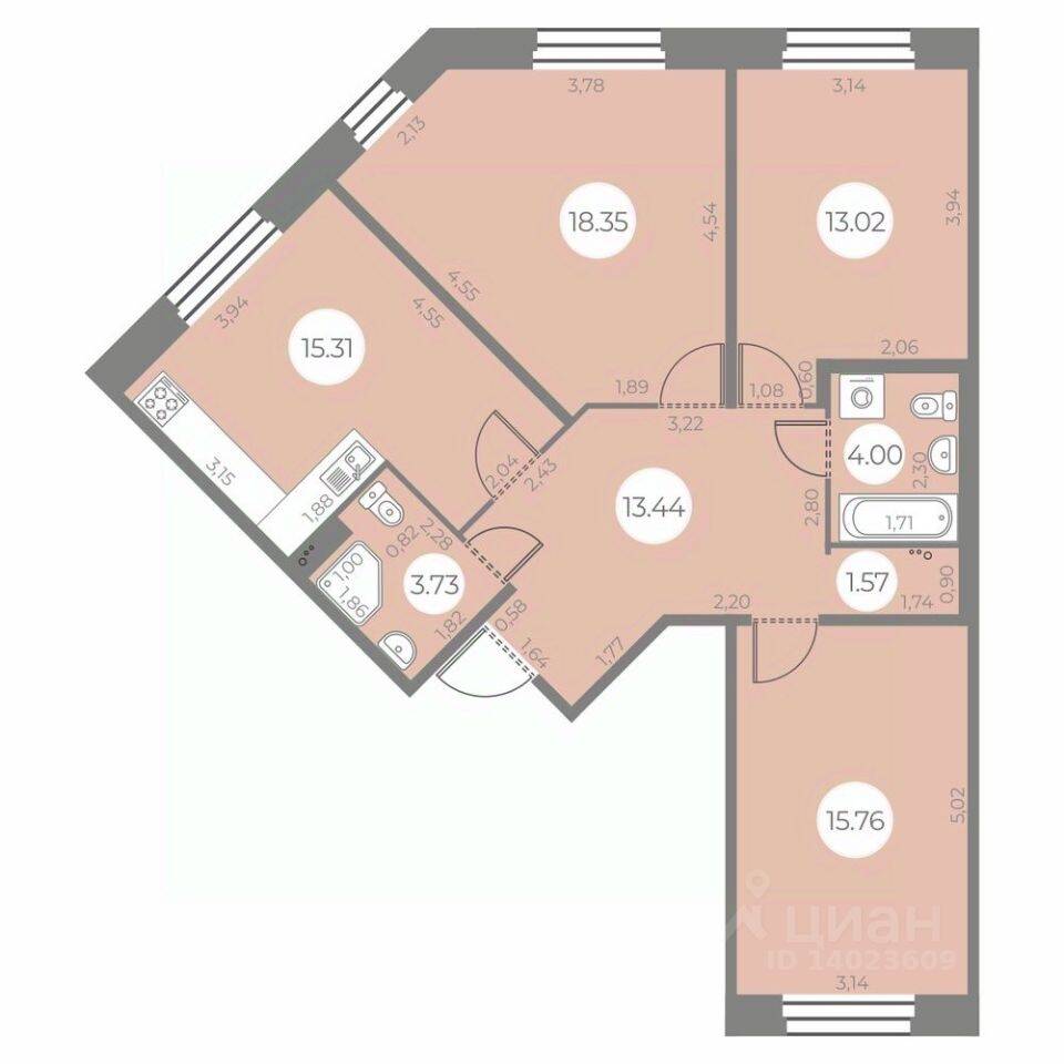 3-комн. квартира, 85,18 м², в ЖК «Огни Залива»