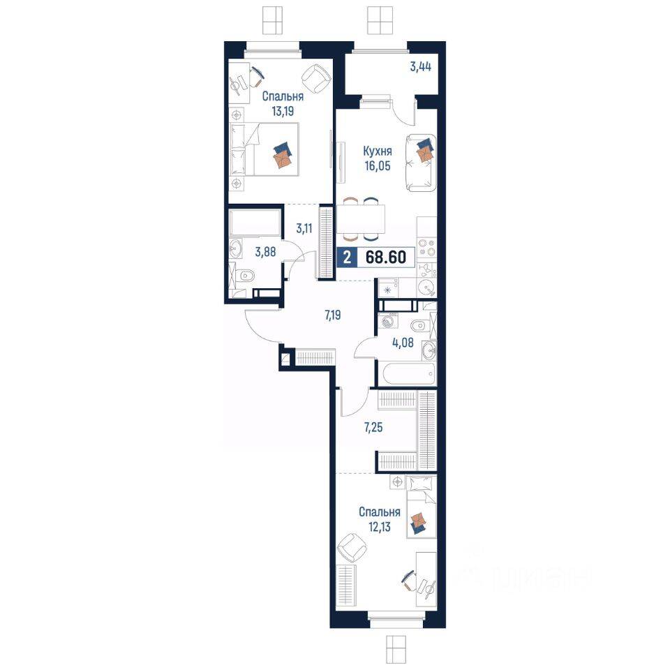 2-комн. квартира, 68,6 м², в ЖК Максималист