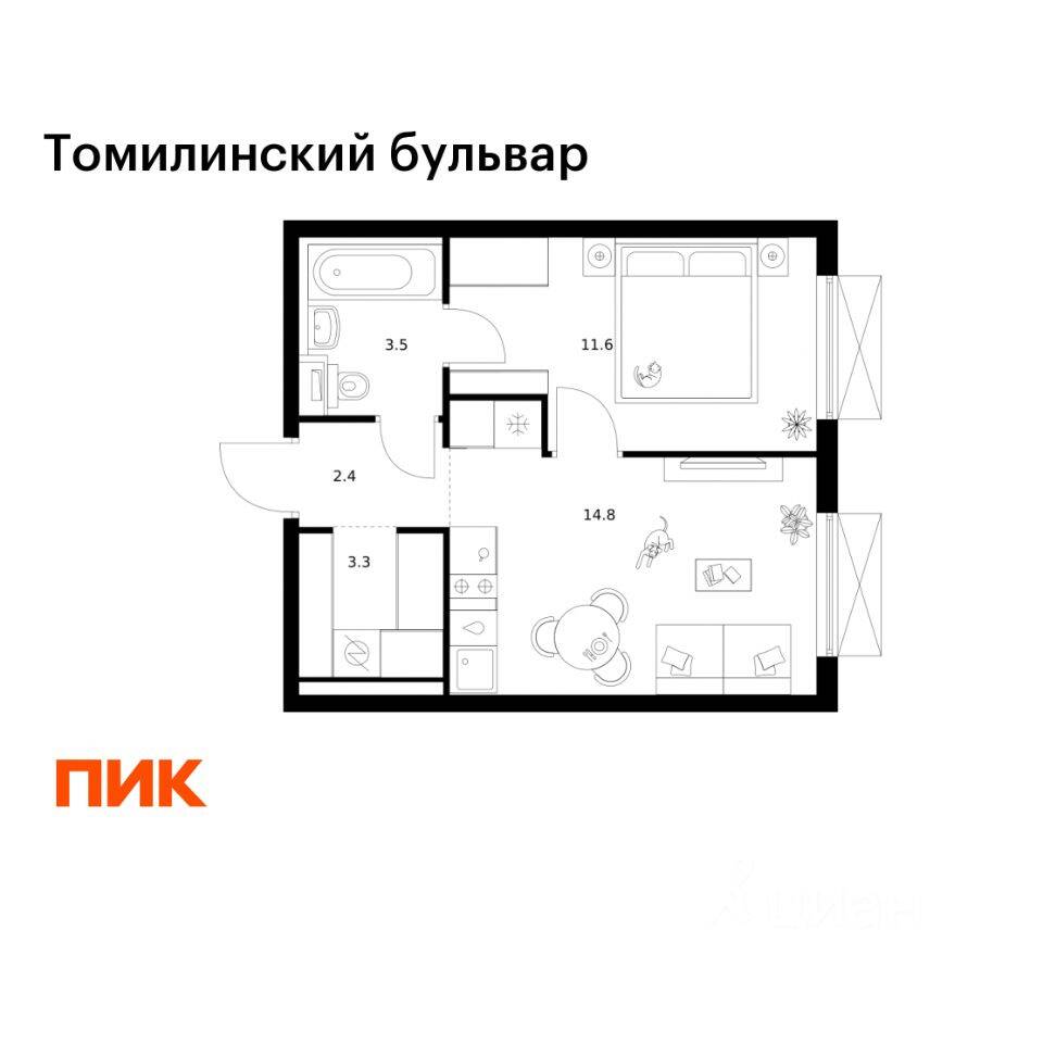 1-комн. квартира, 35,6 м², в ЖК Томилинский бульвар