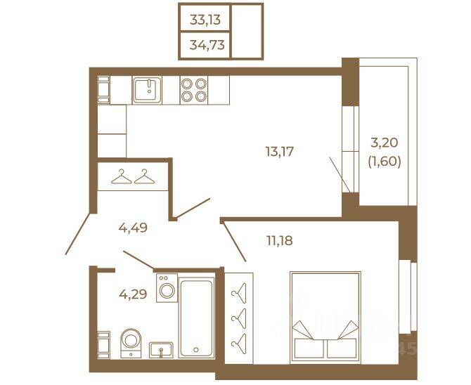 Планировка 1 комнатной квартиры, 34.73 м², в «Новая история»