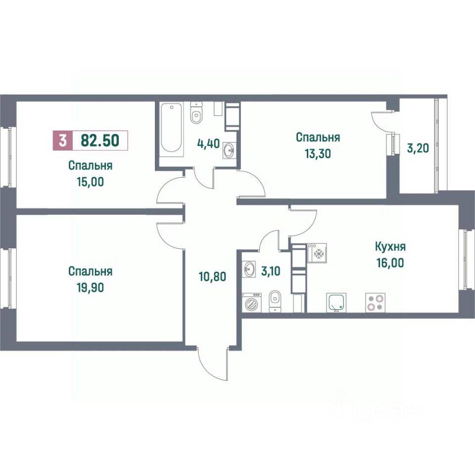 3-комн. квартира, 82,5 м², в ЖК «Фотограф»