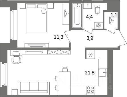 1-комн. квартира, 42,5 м², в ЖК Антверпен
