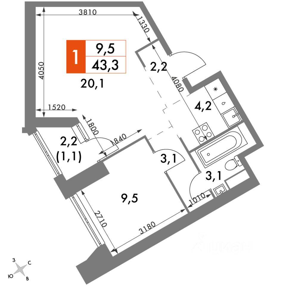 1-комн. квартира, 43,3 м², в ЖК Архитектор
