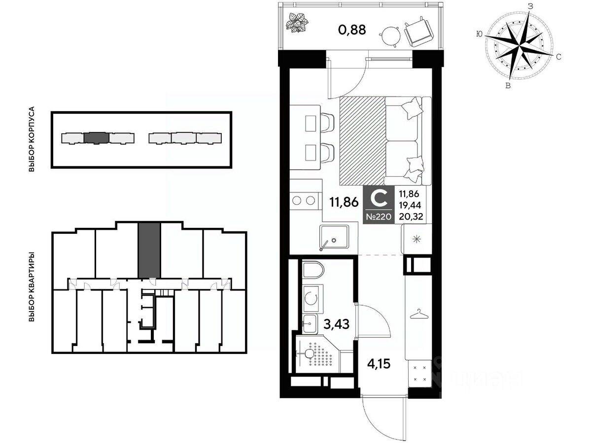 Планировка 1 комнатной квартиры, 20.32 м², в «DOGMA ЮККИ»