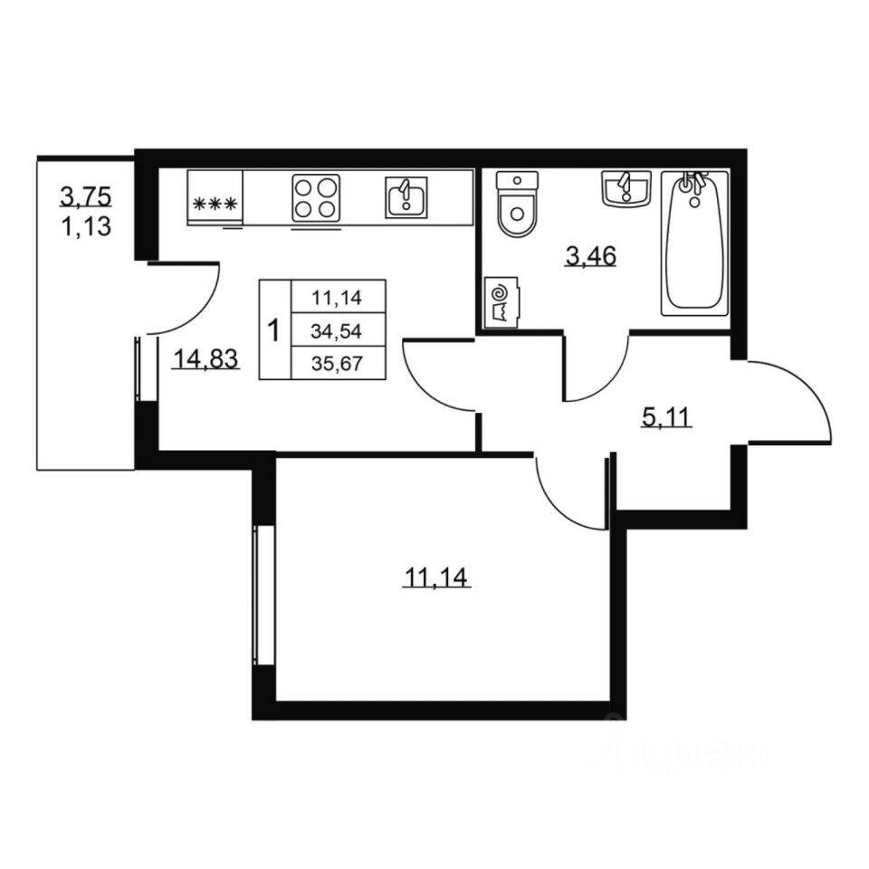 1-комн. квартира, 35,67 м², в ЖК Перспектива