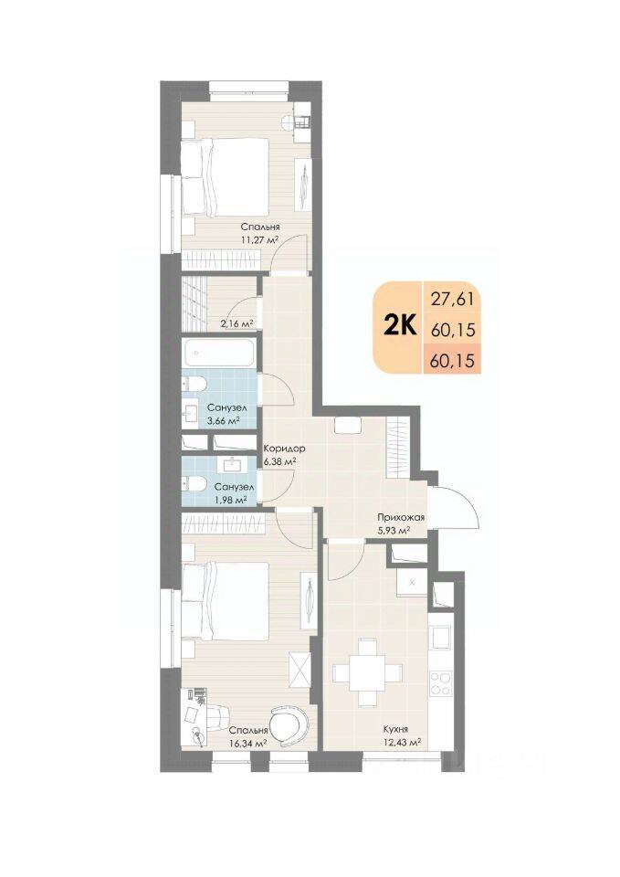 2-комн. квартира, 60,15 м², в ЖК «Дюна»