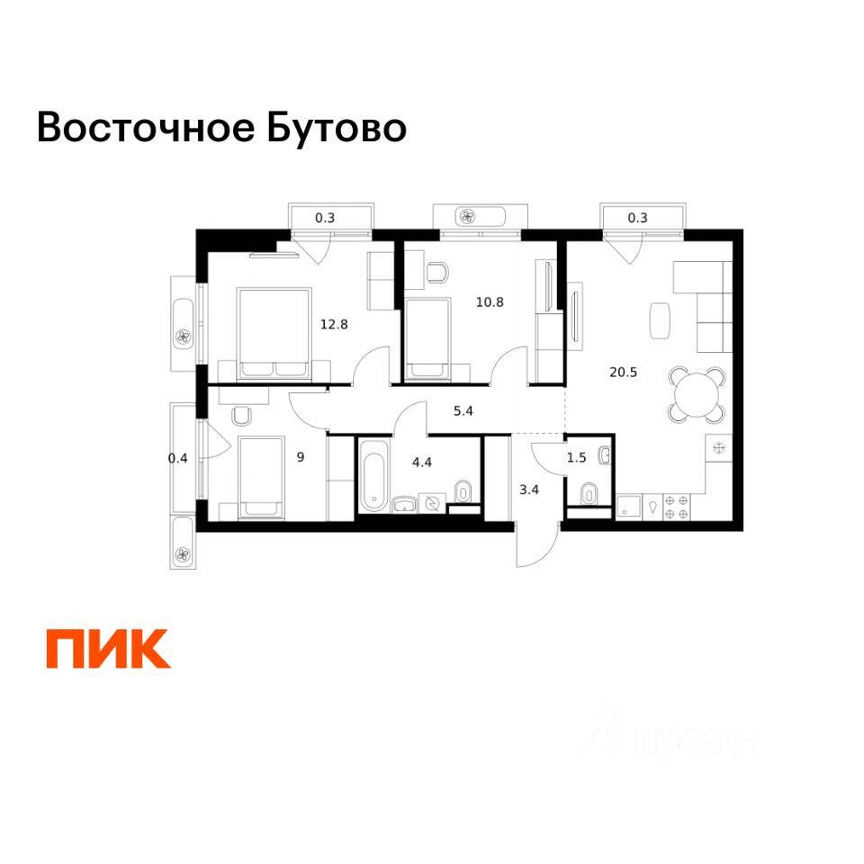 3-комн. квартира, 68,8 м², в ЖК «Восточное Бутово»