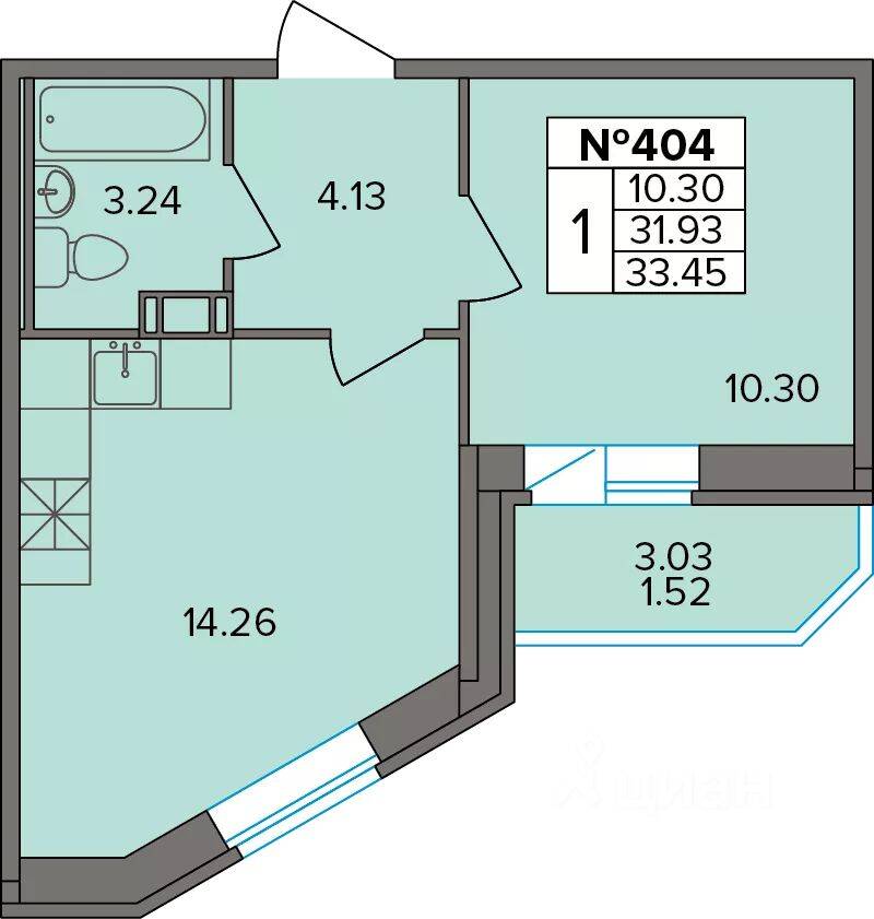 Планировка 1 комнатной квартиры, 33.45 м², в «Капральский»