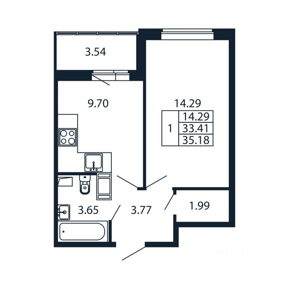 1-комн. квартира, 34,47 м², в ЖК Полис ЛАВрики