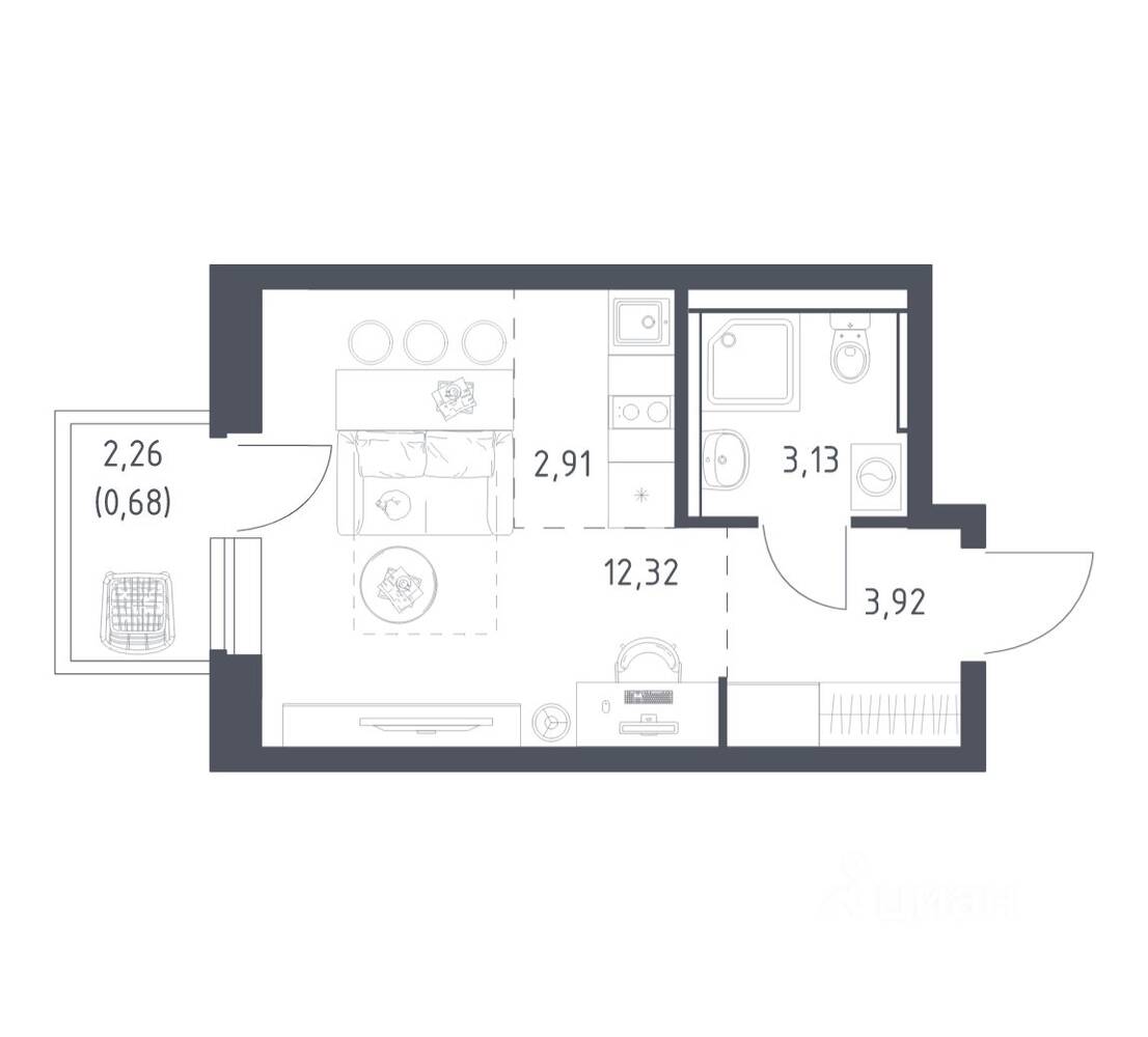 Планировка 1 комнатной квартиры, 22.96 м², в «Егорово Парк»