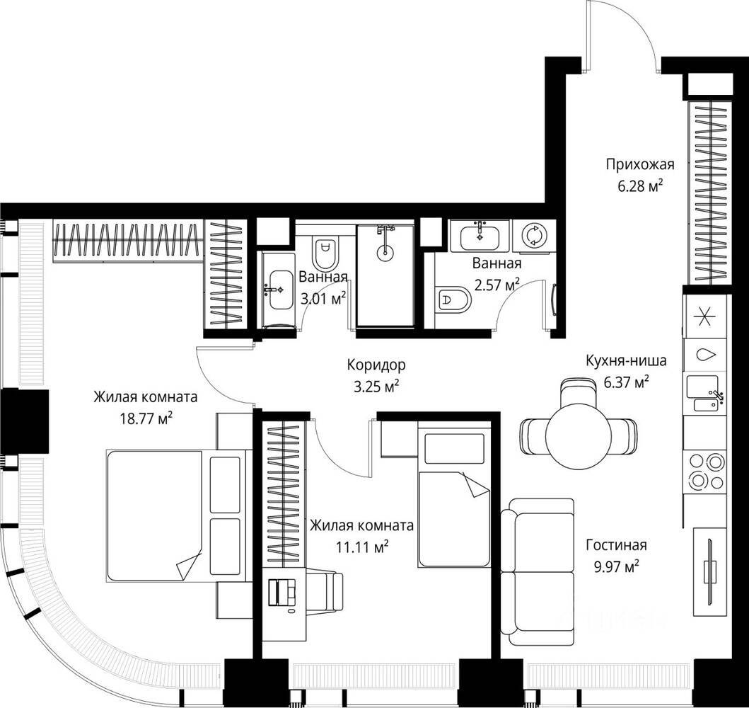 2-комн. квартира, 61,33 м², в ЖК Veer