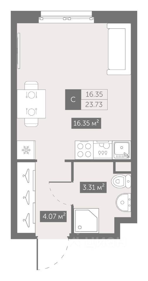 Квартира-студия, 23,73 м², в Апарт-комплекс ZOOM на Неве