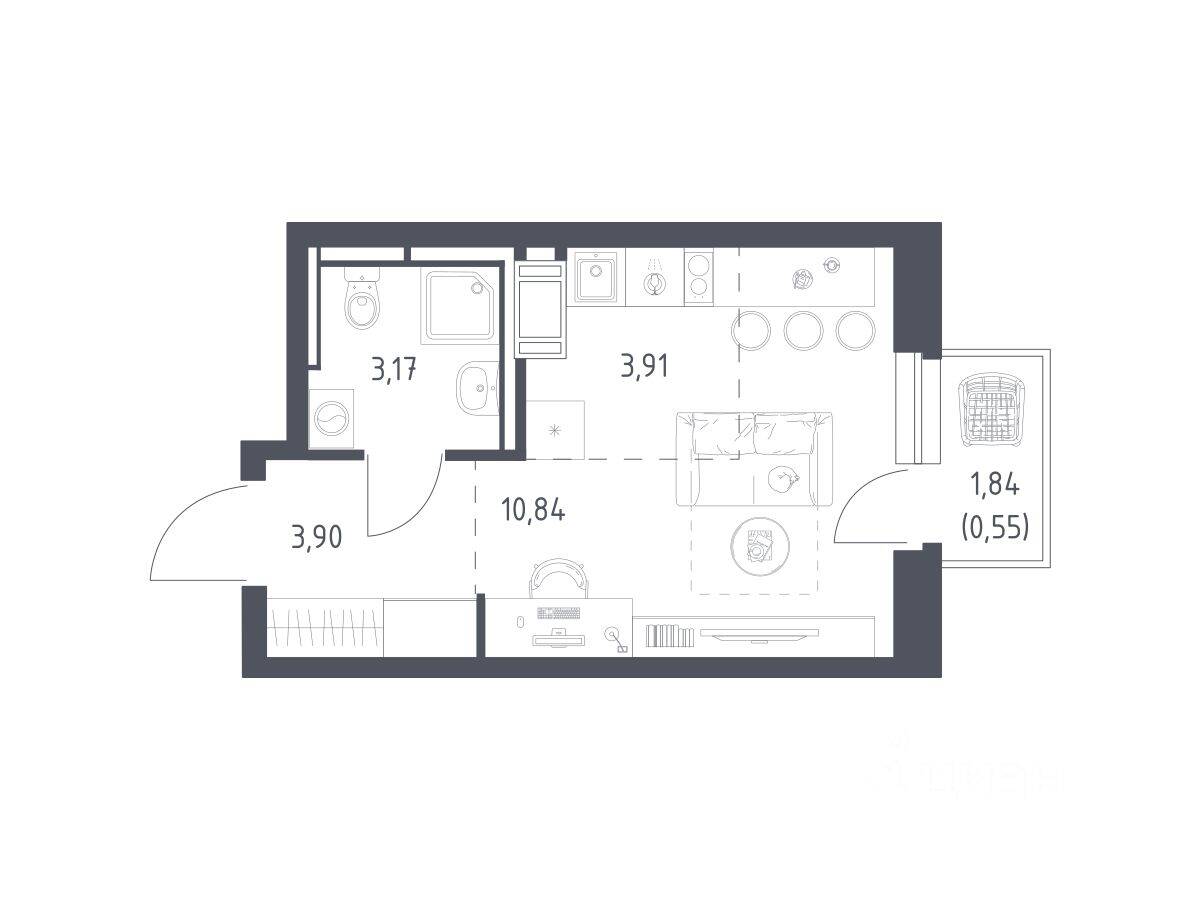 Планировка 1 комнатной квартиры, 22.37 м², в «Большое Путилково»
