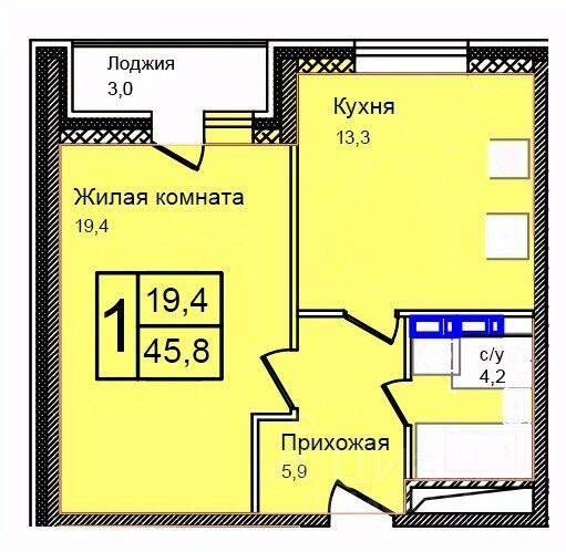 Планировка 1 комнатной квартиры, 45.8 м², в «Троицкий»