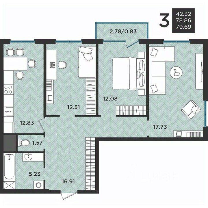 3-комн. квартира, 80 м², в Малоэтажный ЖК Новокасимово