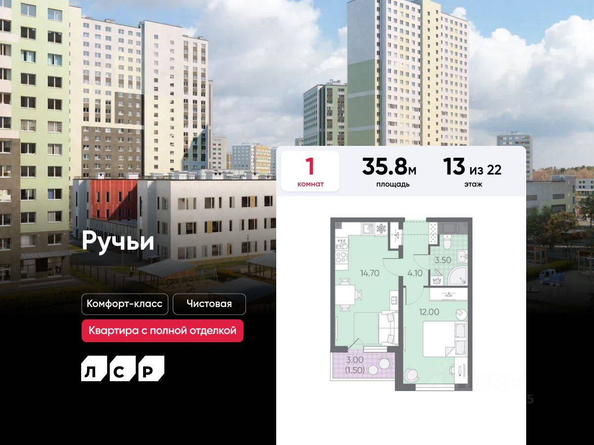 1-комн. квартира, 35,8 м², в ЖК «Ручьи»