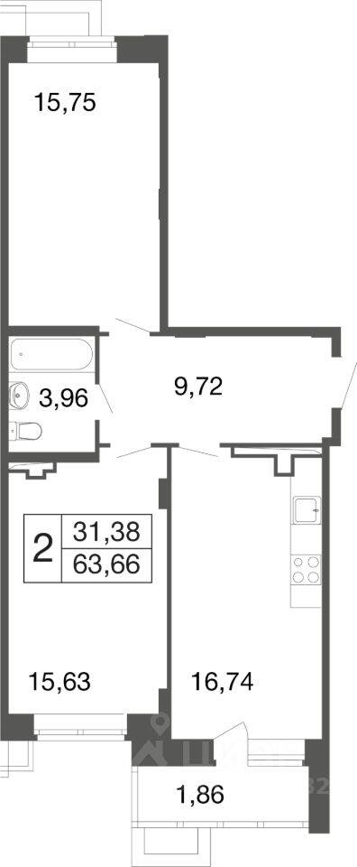 2-комн. квартира, 63,7 м², в ЖК «Времена года»