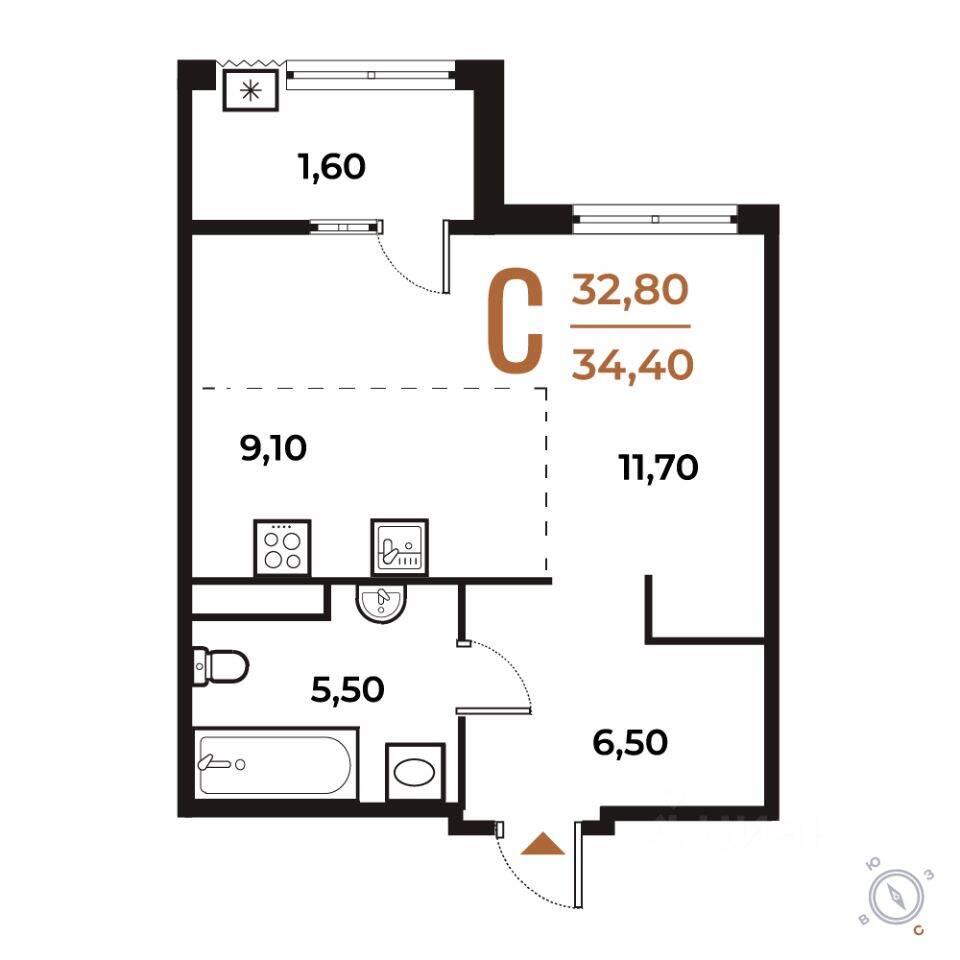 Квартира-студия, 34,4 м², в ЖК Новое Летово