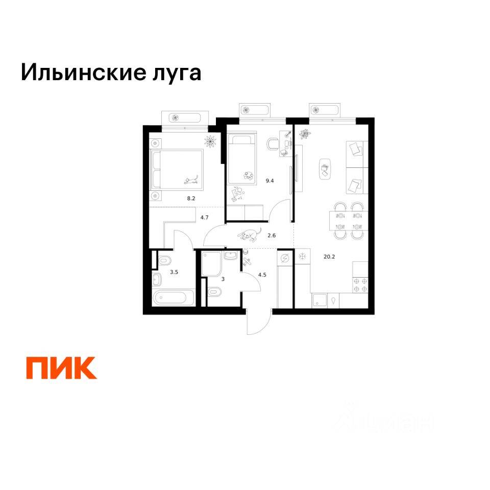 2-комн. квартира, 56,1 м², в ЖК «Ильинские луга»