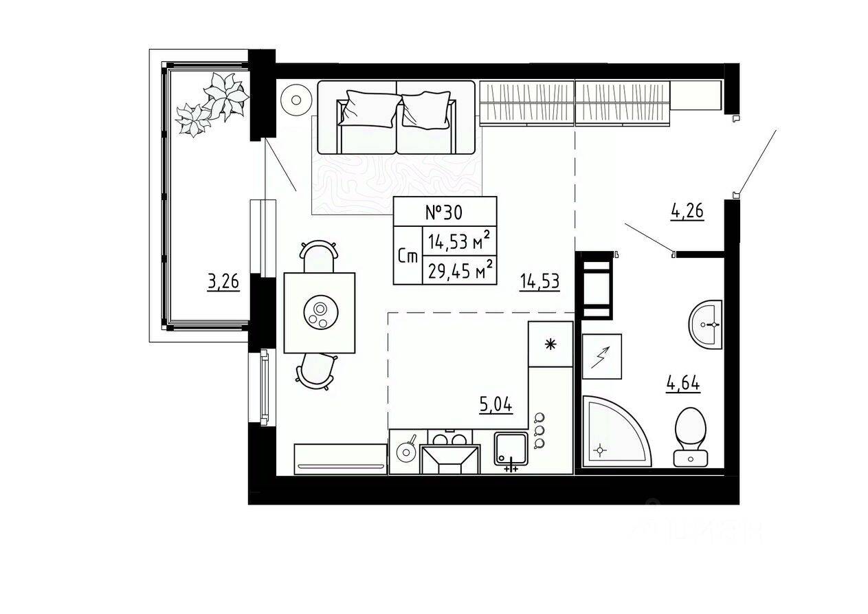 Квартира-студия, 29,45 м², в Малоэтажный ЖК Аннино Сити