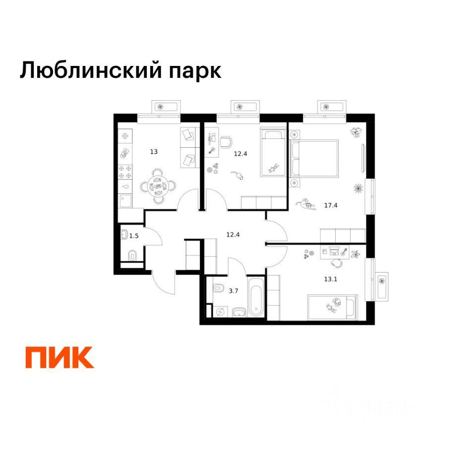 3-комн. квартира, 73,5 м², в ЖК «Люблинский парк»