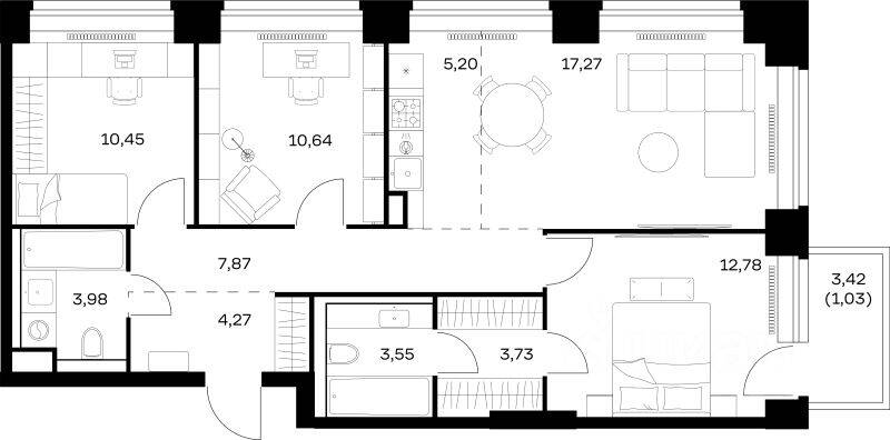 3-комн. квартира, 80,77 м², в ЖК Nova
