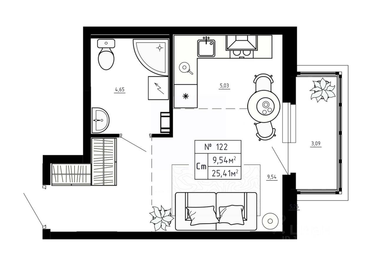 Планировка 1 комнатной квартиры, 25.41 м², в «Аннино Сити»