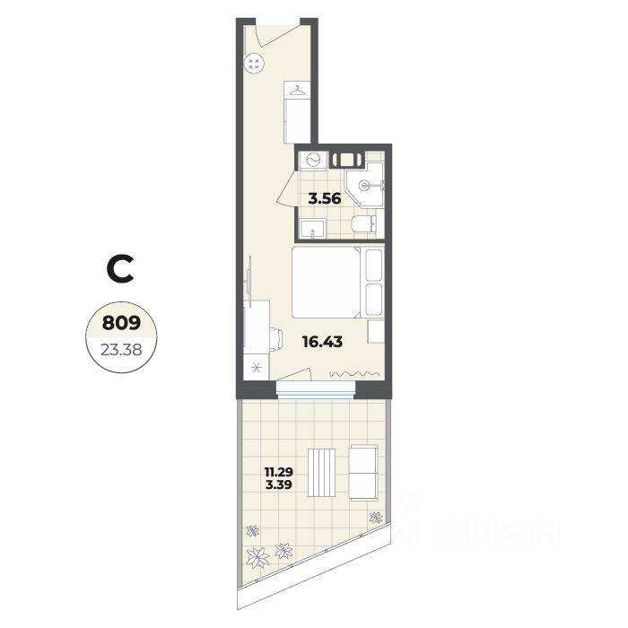 Планировка 1 комнатной квартиры, 23.38 м², в «Лиговский, 127»