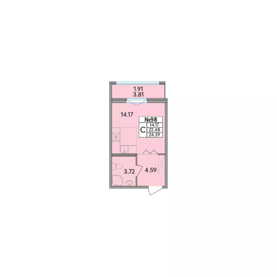 Планировка 1 комнатной квартиры, 24.39 м², в «Рождественский квартал»