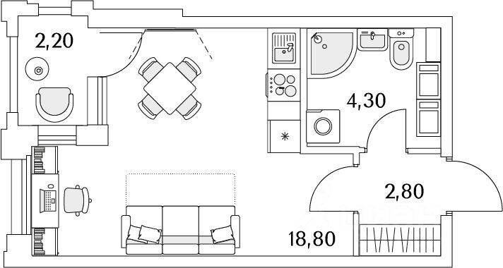 Планировка 1 комнатной квартиры, 26.8 м², в «Тайм Сквер»