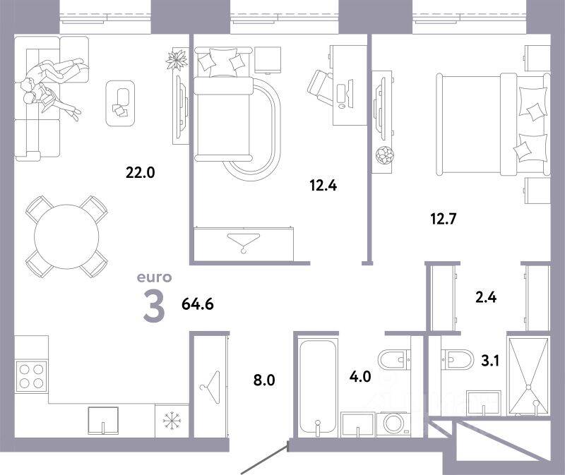 3-комн. квартира, 64,6 м², в ЖК Страна.Заречная