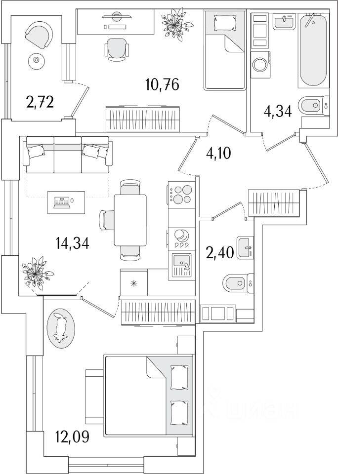 2-комн. квартира, 49,39 м², в ЖК «Гранат»