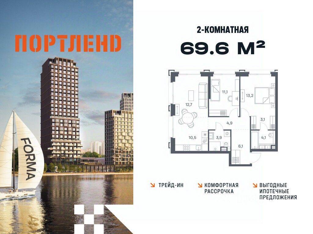 2-комн. квартира, 69,6 м², в ЖК «ПОРТЛЕНД»