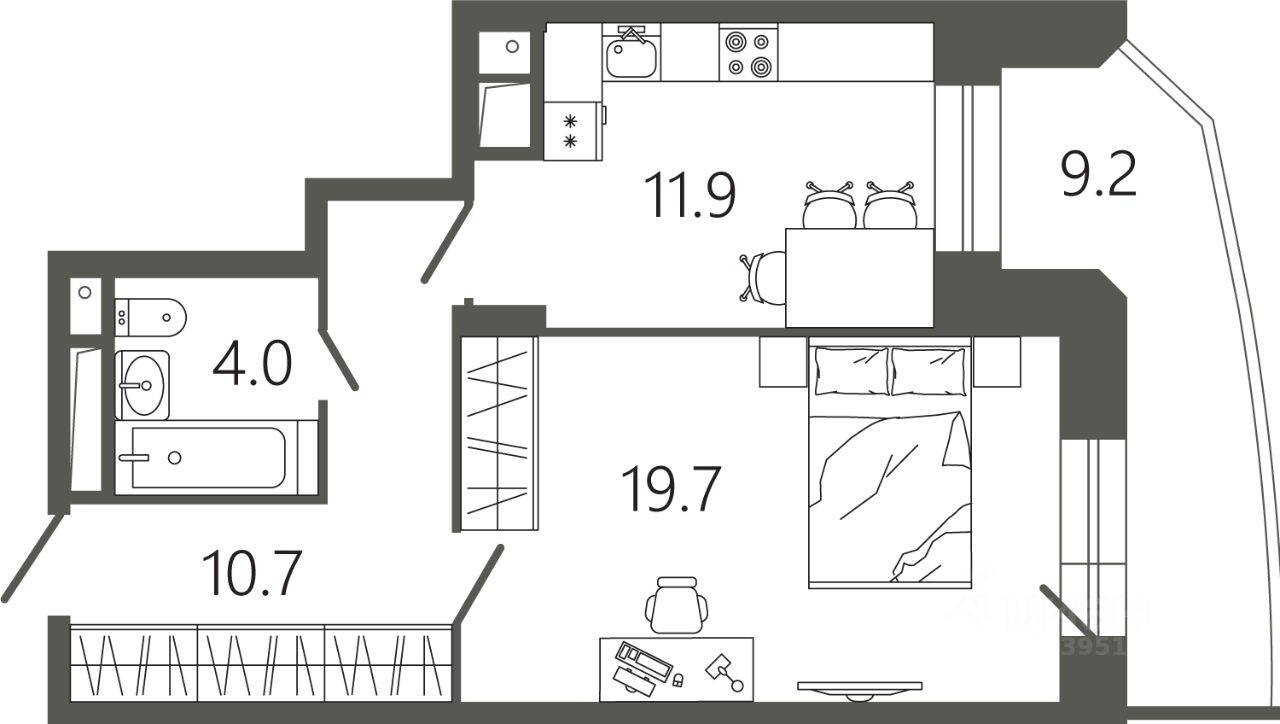 Планировка 1 комнатной квартиры, 49.1 м², в «Советская 18»