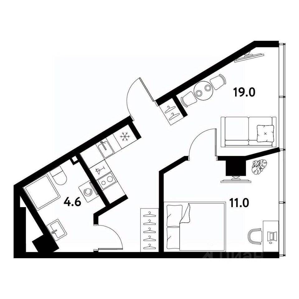Планировка 1 комнатной квартиры, 34.6 м², в «МОСКО»