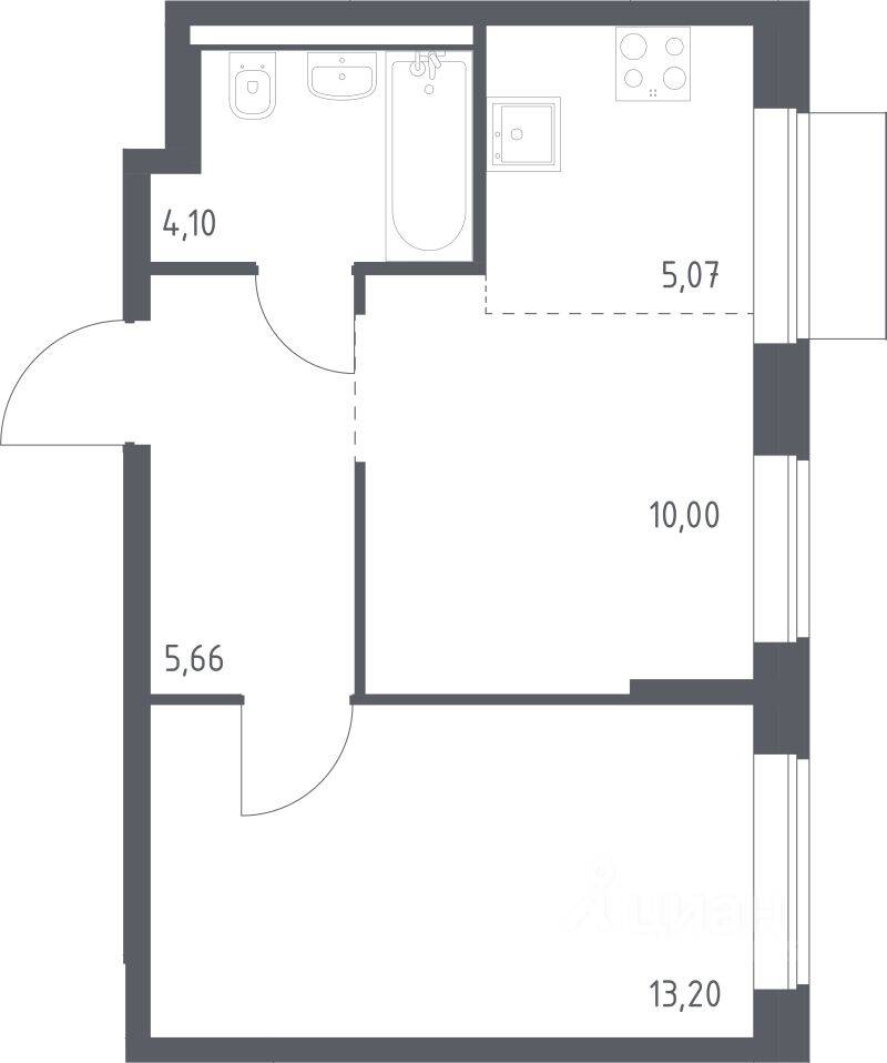 Планировка 1 комнатной квартиры, 38.03 м², в «Квартал Домашний»
