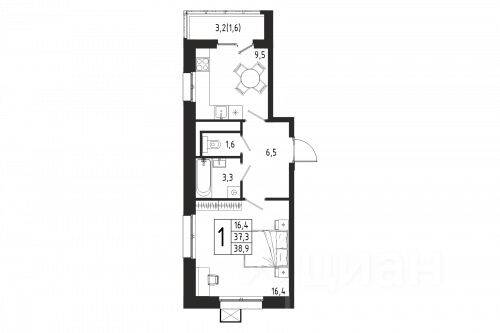 Планировка 1 комнатной квартиры, 38.9 м², в «Берег»